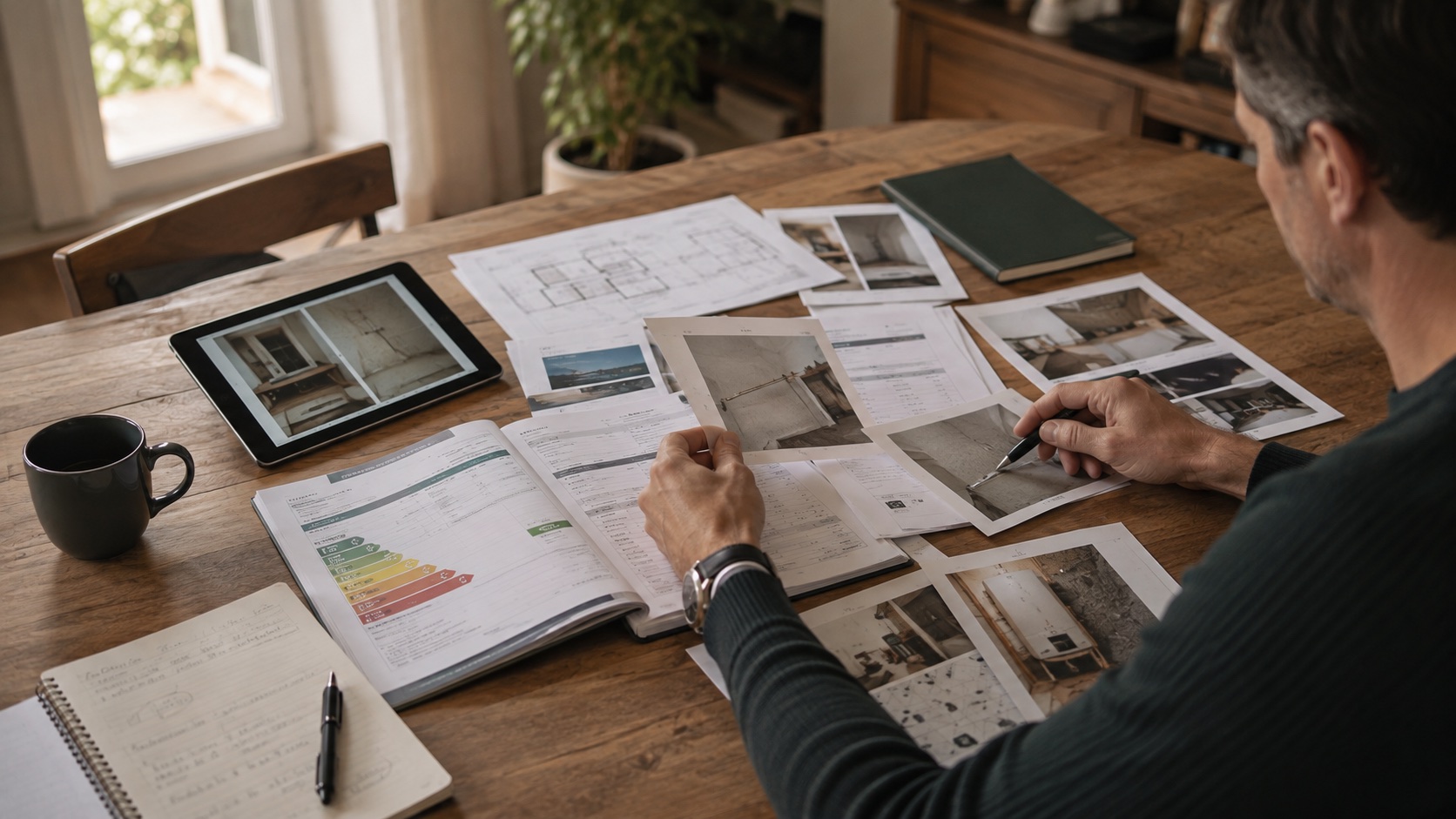 Des devis, diagnostics, plans et photos rapprochés pendant l'analyse.