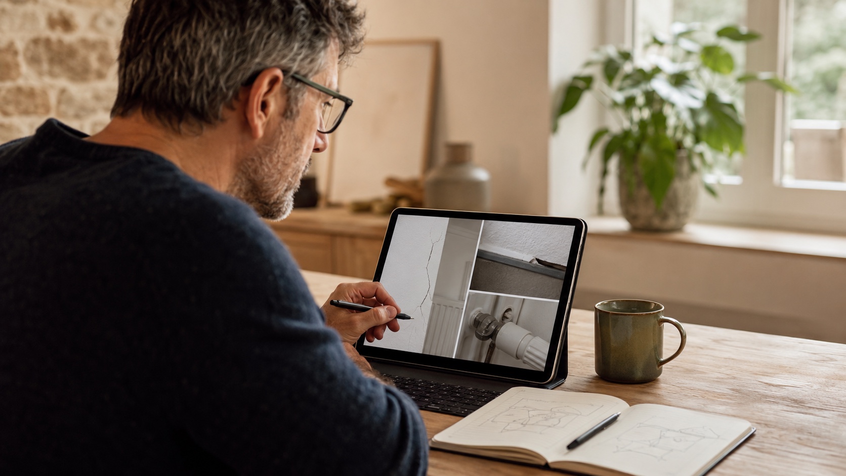 Un expert étudie les photographies techniques transmises par une cliente.